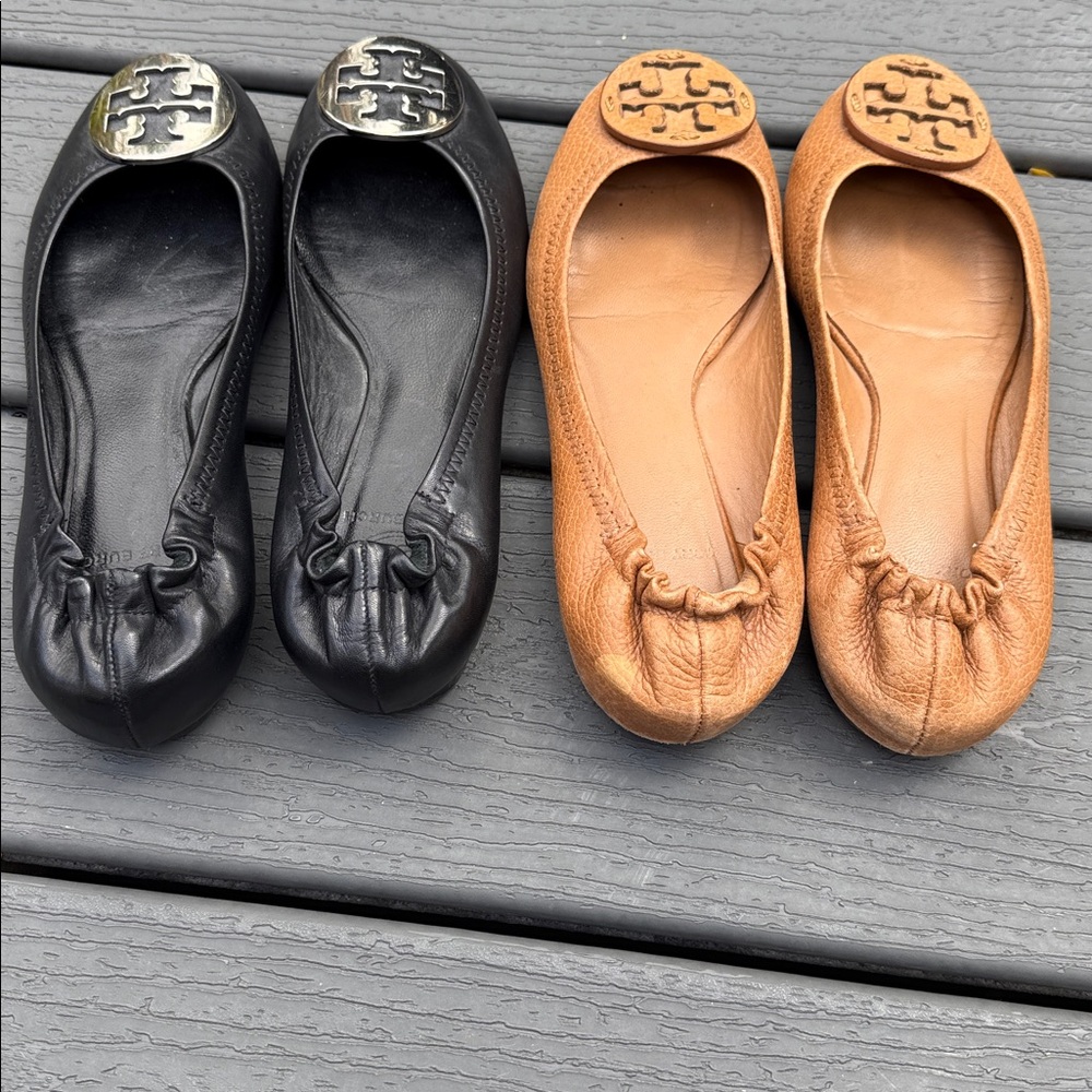 *Tory Burch Black and Tan Ballet Flats Bundle Logo Emblem Womens 6.5 - Picture 4 of 8